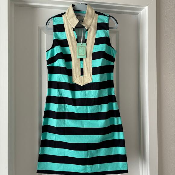 Sail to Sable Cabbage Navy Shift Dress With Gold Shimmer Neck Line NWT Size S - Picture 2 of 5